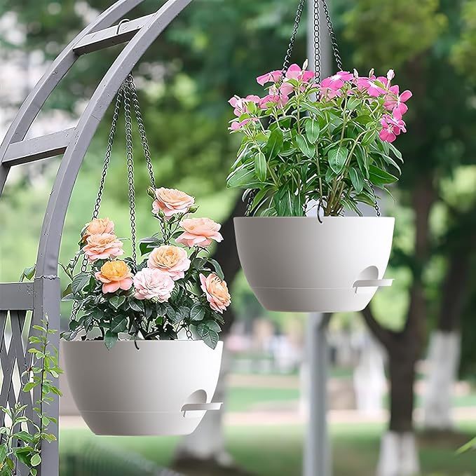 Set of 3-10 Inch Self Watering Hanging Planters for Indoor & Outdoor，Hanging Plant Pots with Drainage & Removable Tray, Hanging Pots for Ivy, Pothos Plant, Spider Plants, Ferns, Balcony & Patio, White