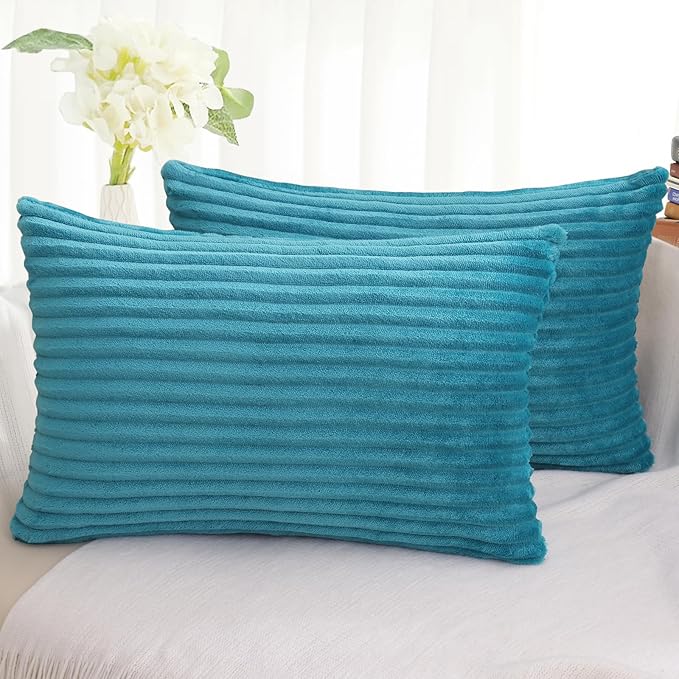 Simmore Decorative Spring Throw Pillow Covers 12x20 Set of 2, Soft Natural Plush Flannel Double-Sided Fluffy Lumbar Pillow Covers for Couch Sofa Living Room, Teal