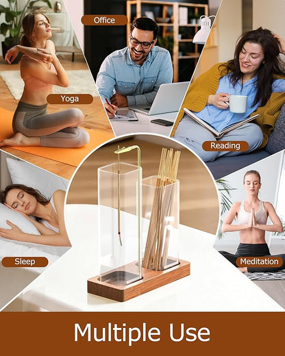 2 in 1 Incense Holder, Large Glass Incense Holder for Sticks, Upside Down Wooden Incense Burner with Ash Catcher & Incense Storage for Meditation Yoga Spa Home Decor, with 20 Incense Sticks & Brush
