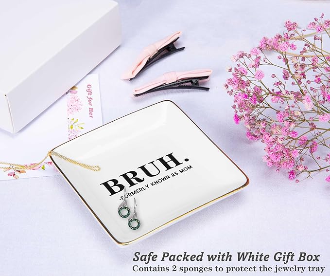 NZY Mothers Day,Birthday,Thanksgiving,Christmas Gift for Mother, Funny Mum Gift from Daughter Son-Ceramic Jewelry Tray Trinket Holder Ring Dish-Bruh,Formerly Known As Mom