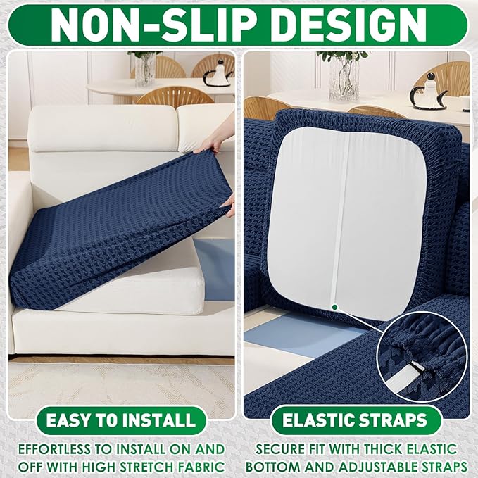 MAXIJIN Couch Cushion Covers for Sectional Sofa, Stretch Sofa Cushion Cover Washable Furniture Protector with Elastic Bottom & Non-Slip Strap for Pets Kids (1PC Seat Cover, Navy Blue)