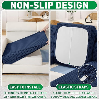 MAXIJIN Couch Cushion Covers for Sectional Sofa, Stretch Sofa Cushion Cover Washable Furniture Protector with Elastic Bottom & Non-Slip Strap for Pets Kids (1PC Seat Cover, Navy Blue)