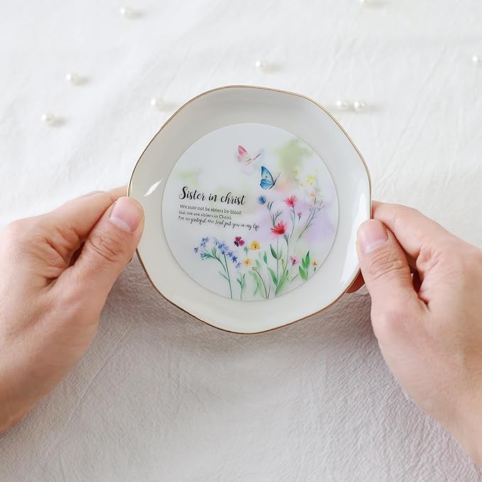 HOME SMILE Sister in Christ Jewelry Ring Dish Tray with Dynamic Butterfly Pattern Shifts,We May Not Be Sisters By Blood But We Are Sisters in Christ,Best Friend Soul Sister Birthday Wedding Gifts