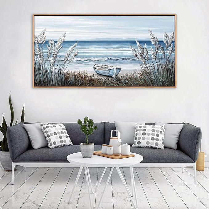 AJAZIKO Beach Vintage Wall Art Pictures for Living Room Coastal Artwork for Walls Ocean Bedroom Wall Decor Above Bed Landscape Beach Canvas Wall Art Featuring Boat, Farmhouse, Seascape 24×48IN