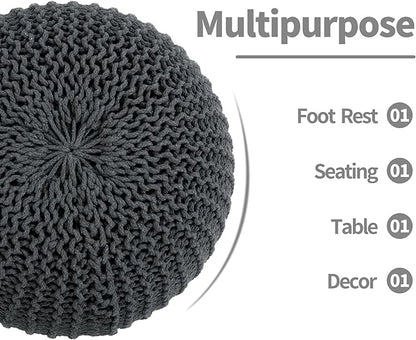 HOMBYS Unstuffed Ottoman Pouf Cover, 100% Cotton Handmade Knitted Ottoman Pouf Cover Round Foot Stool, Floor Bean Bag Chair, Foot Rest with Storage for Living Room Bedroom, Grey(Cover ONLY NO Filler)