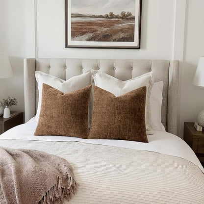 MIULEE Pack of 2 Decorative Throw Pillow Covers Soft Chenille Throw Pillows Solid Neutral Farmhouse Textured Cushion Covers for Couch Sofa Bedroom Living Room 24x24 Inch,Honey Brown