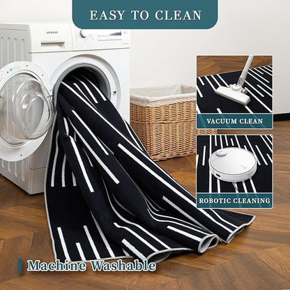 YIHOUSE Abstract Washable Rug 8x10,Ultra Thin Non Slip Black Rugs for Living Room,Modern Minimalist White Stripe Rugs for Bedroom,Dining Room Office Playroom (8'x10',Black-3)