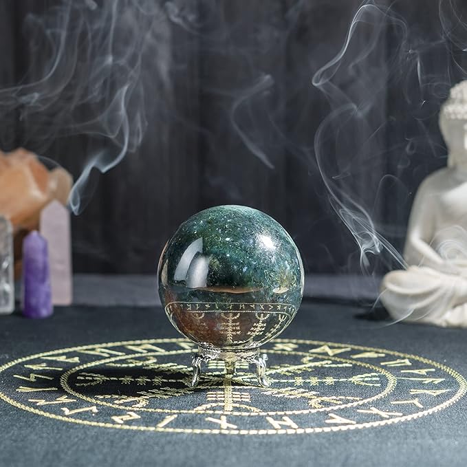 Crocon 50mm Green Blood Stone Sphere Ball with Metal Stand 1400+ Carats Gemstone Ball Healing Sphere Sculpture Figurine for Fengshui Divination Home Decoration Photography Crystal Sphere