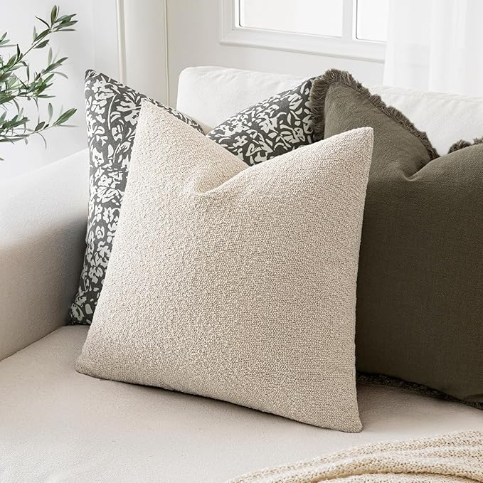 MIULEE 16x16 Inch Christmas Decorative Pillow Covers for Couch Bed Set of 2 Textured Boucle Neutral Winter Throw Pillows Natural Beige Accent Solid Cushion Pillowcases Sofa Livingroom Home Decor