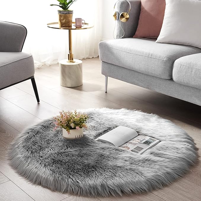 SERISSA Soft Round Faux Sheepskin Fur Rug for Bedroom Grey Circle Fluffy Rugs Circular Shaggy Rug Plush Circle Carpet Play Mats for Kids Girls Room, 5ft Diameter