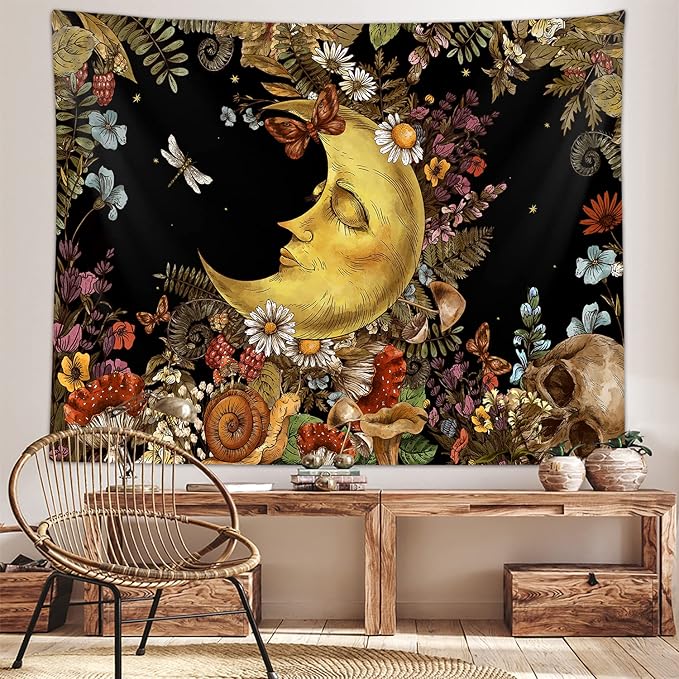 Sanzugh Boho Moon Tapestry, Vintage Mushroom Sun and Moon Art Tapestries Wall Hanging for Bedroom Aesthetic Botanical College Dorm Room Fairy Decor 60X40 Brown Retro Skull Poster
