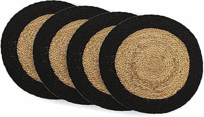 Chardin home Round Verona Woven Jute & Cotton Braided PLACEMAT (Set of 4), Size -15” Round, Color - Natural Jute with Black Border.