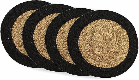 Chardin home Round Verona Woven Jute & Cotton Braided PLACEMAT (Set of 4), Size -15” Round, Color - Natural Jute with Black Border.