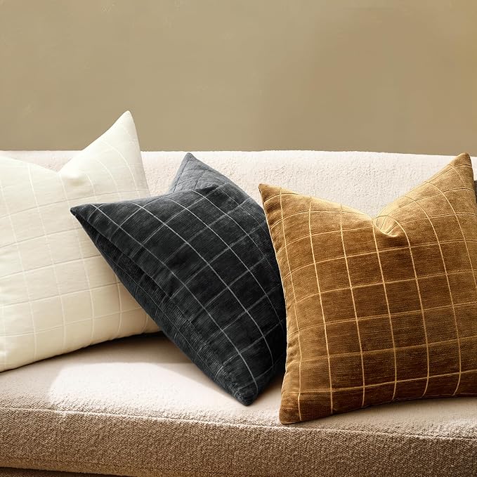 MIULEE Decorative Chenille Check Throw Pillow Covers Vintage Plaid Couch Pillows 20x20 Inch Set of 2 Neutral Boho Farmhouse Cushion Covers Modern Home Decor for Sofa Bed Living Room Black