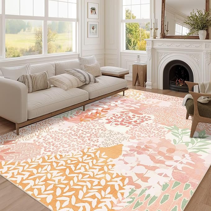 DEXDE 5x7 Area Rugs, Washable Non-Slip Abstract Boho Soft Rug for Living Room Bedroom,Leaves Floral Print Large Carpet for Entryway Playroom Office, Pink