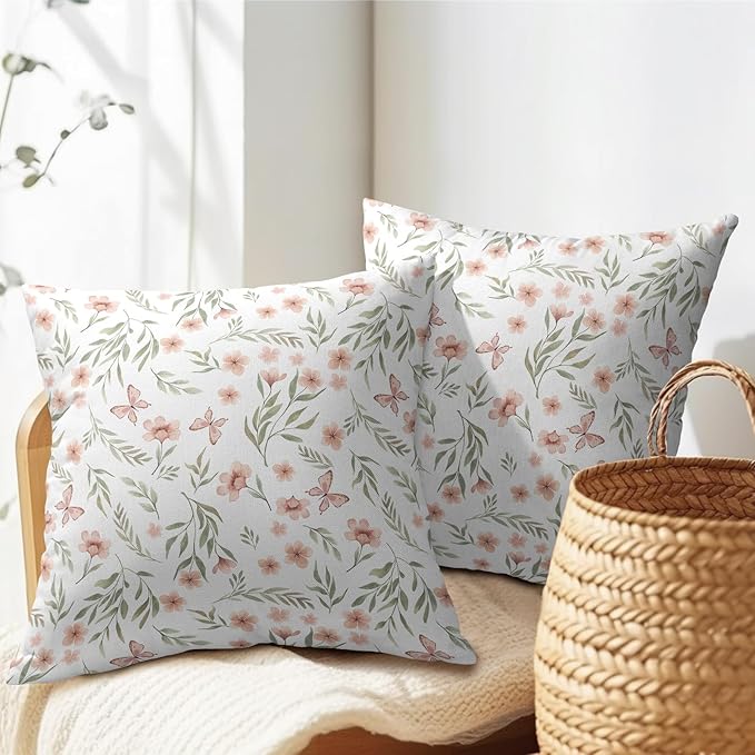 Spring Pillow Covers 20x20 Set of 2 Sage Green Pink Floral Throw Pillow Covers Boho Pillowcase Linen Decoration Farmhouse Soft Decorative Butterfly Cushion Case Couch for Indoor Outdoor Home Decor