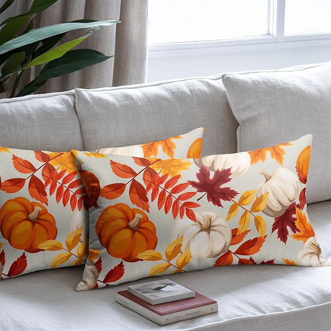 Pumpkin Fall Lumbar Pillow Covers 12x20 Set of 2 Orange Beige Autumn Thanksgiving Pillow Cases Maple Leaf Outdoor Decorative Holiday Cushion Cover Rustic Decoration Farmhouse Home Sofa Couch Bed Decor