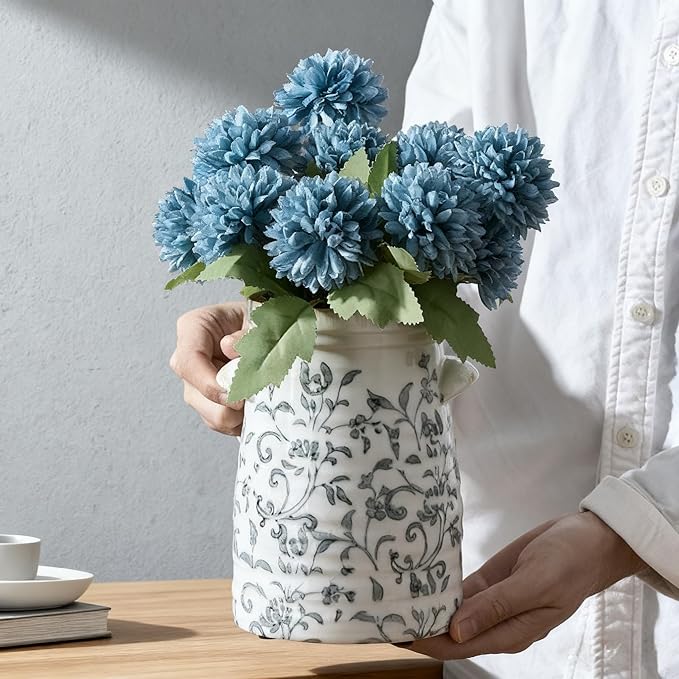 SIDUCAL Ceramic Gray and White Vase with 2-Ear, 8 Inch Ice Cracked Vintage Pastoral Vase, Rustic Farmhouse Vases for Home Decor, Table, Living Room, Shelf Decor, Chinoiserie Decor, Gray Floral Pattern