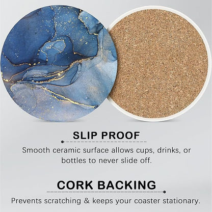 Blue Marble Fluid Set of 6 Coasters for Drinks Absorbing Round Ceramic Stone Coaster with Cork Base,Tabletop Protection Mat for Mugs and Cups,Office,Kitchen