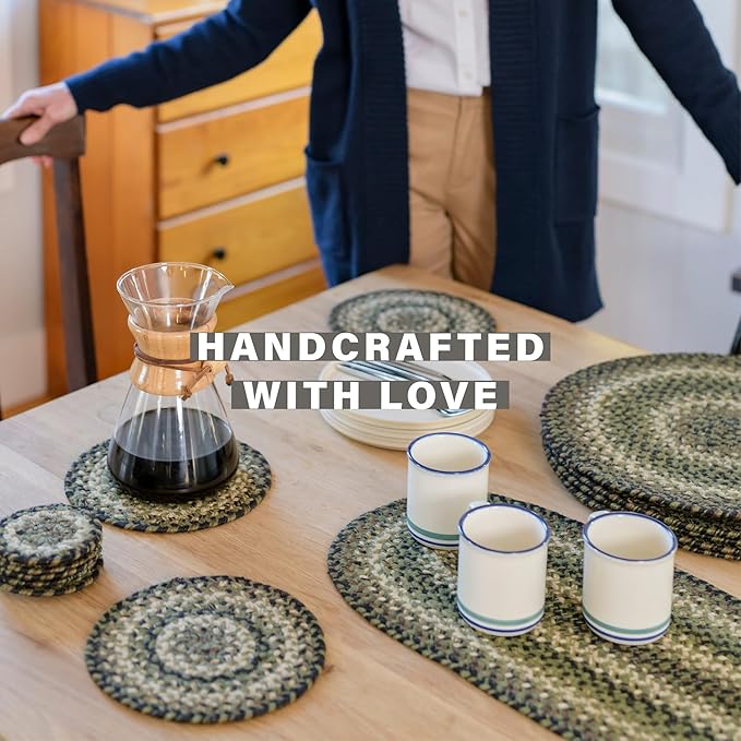 Homespice Pinecone Jute Woven Round Placemats Set of 6, 15", Warm Country Rustic Decor, Green Table Mats - Vibrant Colors, Durable, Easy to Clean and Protects Furniture