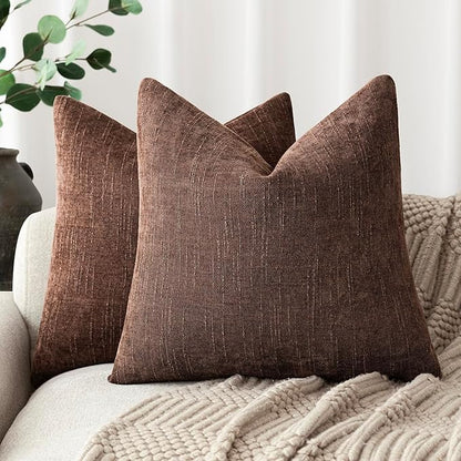 Foindtower Pack of 2 Soft Textured Chenille Throw Decorative Pillow Covers Square Accent Solid Cushion Cover Cozy Neutral Farmhouse Pillow Case for Couch Sofa Bedroom Living Room 26x26 Inch,Red Brown