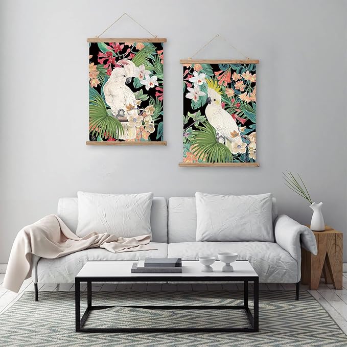 ABoby Vintage Hanging Parrot Posters, Decorative Wall Art Prints, Printed on Linen with Wood Frames, Ready to Hang