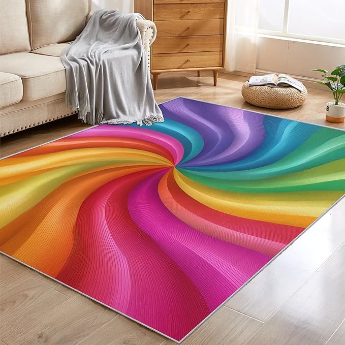 2x3 Rainbow Spiral Throw Rugs for Entryway, Washable Colorful Swiral Pattern Indoor Door Mat, Bedroom Kitchen Entrance, Non Slip Soft Thin, Abstract Art Decor Small Area Rug PF-P 56