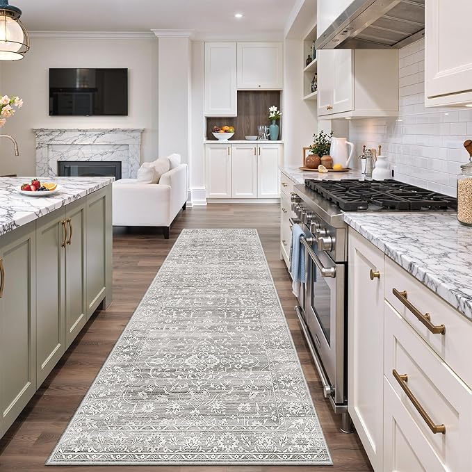 Washable Runner Rug, 2.5'x8' Vintage Kitchen Runners Non-Slip Foldable Hallway Runner Rug for Entryway, Laundry, Bedroom, Grey