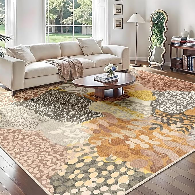DEXDE Fall Washable Area Rugs 6x9 for Living Room, Floral Large Rug Boho Print Vintage Low Pile Non Slip Carpet for Bedroom Kids Room Nursery Office Dinning Room,Camel