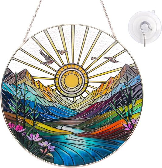 Sun Mountains Stained Glass Window Hanging Suncatcher – 9.9” Sun Catcher Glass Panel with Chain, Hand-Painted Round Glass Art, Gift for Women Mother's Day Christmas