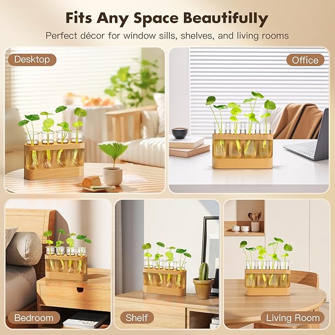Plant Propagation Station with LED Light – Glass Test Tube Vases & Beech Wood Desk Decor, Wooden Stand Terrarium for Indoor Home Office, Plant Gifts for Women Plant Lovers