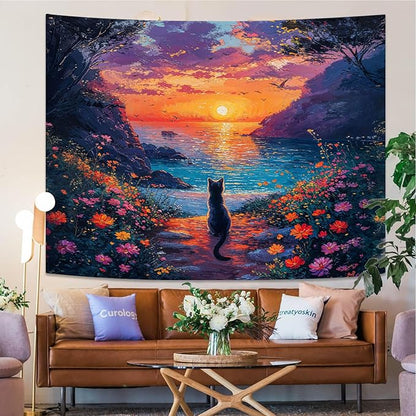 kampdream Landscape Tapestry, Scenery Art Wall Tapestries, Nature Wall Decor for Bedroom Living Room Backdrop Sunset Cat 44×60 inches