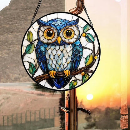 DASTOLL Stained Glass Window Hanging, Owl Gifts for Women Sun Catchers Diamond Glass Panel Hangings Birds Suncatcher Decor for Birthday for Women, Men, Wife, Aunt, and Mom 14.9x14.9 in