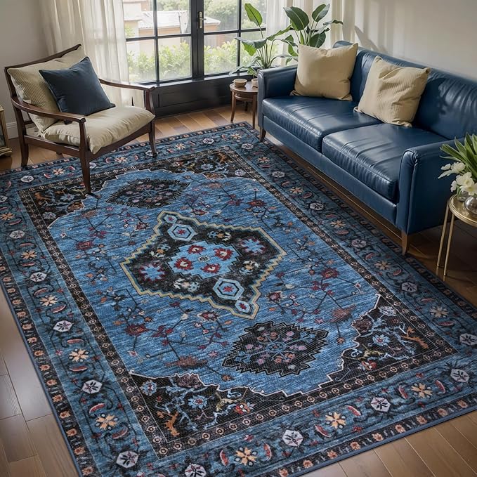 Tangsoo Blue 5x7 Area Rug Washable Rugs for Living Room, Oriental Indoor Non Slip Large Area Rugs, Vintage Print Carpet, Soft Low Pile Foldable Floor Rug for Bedroom Dining Room Dorm Blue/Black