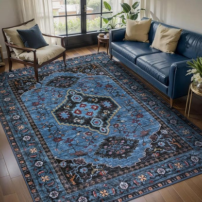 Tangsoo Blue 5x7 Area Rug Washable Rugs for Living Room, Oriental Indoor Non Slip Large Area Rugs, Vintage Print Carpet, Soft Low Pile Foldable Floor Rug for Bedroom Dining Room Dorm Blue/Black