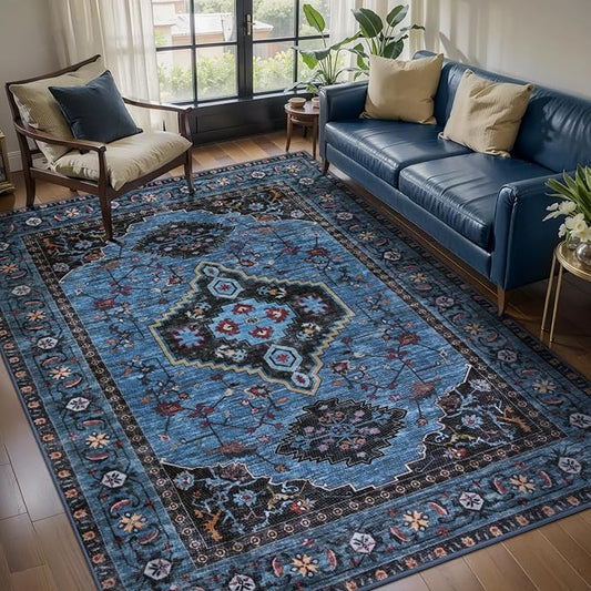 Tangsoo Blue 5x7 Area Rug Washable Rugs for Living Room, Oriental Indoor Non Slip Large Area Rugs, Vintage Print Carpet, Soft Low Pile Foldable Floor Rug for Bedroom Dining Room Dorm Blue/Black