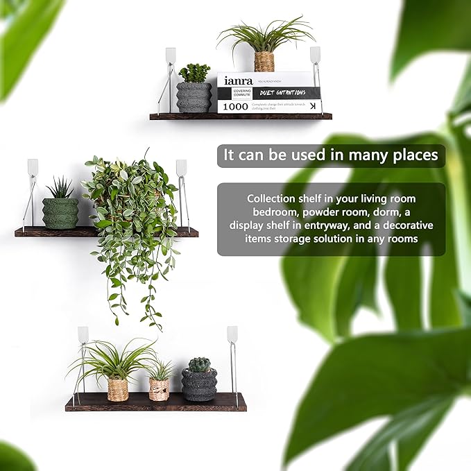 MITIME Floating Shelves Set of 3 Rustic Solid Wood Floating Shelf Wall Storage Shelves for Living Room, Bedroom, Bathroom, Kitchen Laundry, Office.no Drill Shelf(Retro Color L+L+L)