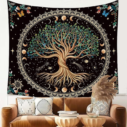 Moon Phase Tree of Life Tapestry Nature Flower Plant Butterfly Tapestries Boho Mandala Spiritual Tapestry Aesthetic Wall Hanging for Home Decor Bedroom Living Room Dorm Decor (59.06" x 78.74", Blue)