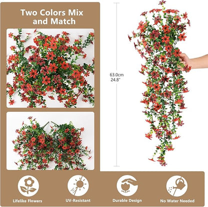 Artificial Hanging Flowers for Outdoors, 2 Pcs Fake Hanging Plant Spring Summer Decor, UV Resistant No Fade Realistic Faux Flower for Front Door Porch Planter Patio Garden Yard(Red Brown)