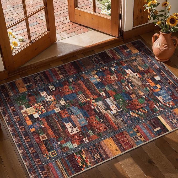 Tangsoo 2x3 Small Rugs for Entryway,Washable Vintage Entry Rug Non Slip, Soft Low Pile Throw Rugs Tribal Front Indoor Rug Small Carpet for Entrance Bedroom Kitchen Laundry Bedside (Red Multi)