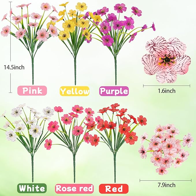MACTING Spring Artificial Flowers for Outdoors 6 Bundles Fake Flowers UV Resistant Faux Plastic Plants No Fade for Planters Window Box Patio Porch Garden Yard Indoor Outside Decorations(Mix Color-1)