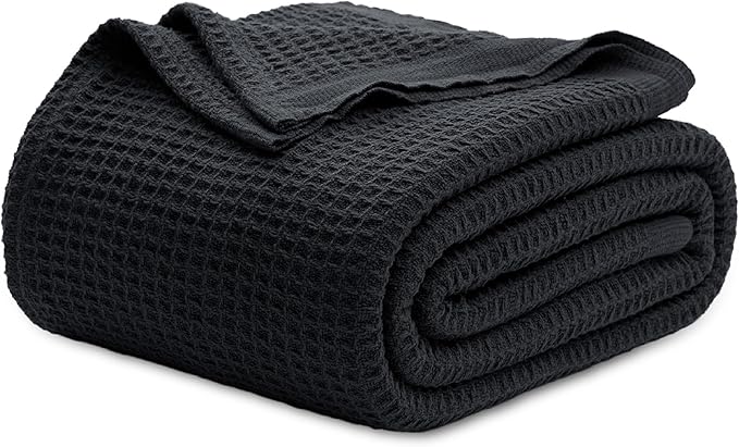 Bedsure Gentlesoft 100% Cotton Blanket Queen Size for Bed - Breathable and Soft, Thick Cozy Waffle Weave Christmas Blanket Gift for Women, Black, 90x90 Inches