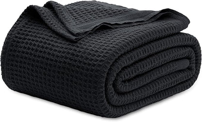 Bedsure Gentlesoft 100% Cotton Blanket Queen Size for Bed - Breathable and Soft, Thick Cozy Waffle Weave Christmas Blanket Gift for Women, Black, 90x90 Inches
