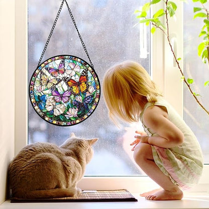 DASTOLL Stained Glass Window Hanging, Colorful Butterfly Suncatcher for Doors Home Sun Catchers Decoration and Christmas, Mother's Day Birthday Gifts for Women, Men, and Mom 11.8x11.8 in
