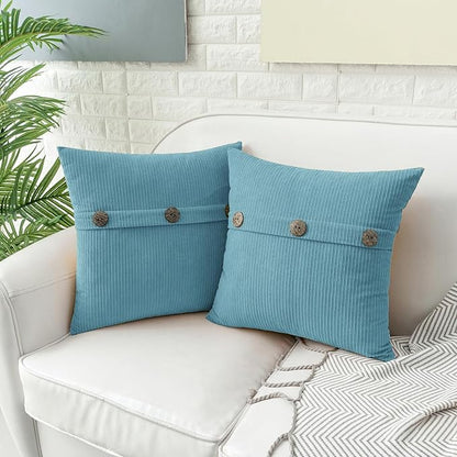 HWY 50 Smoke Blue Chenille Throw Pillow Covers 18x18 Inch with Triple Buttons, Soft Farmhouse Accent Decorative Cushion Cases for Couch Sofa Bed Living Room Bedroom Pack of 2