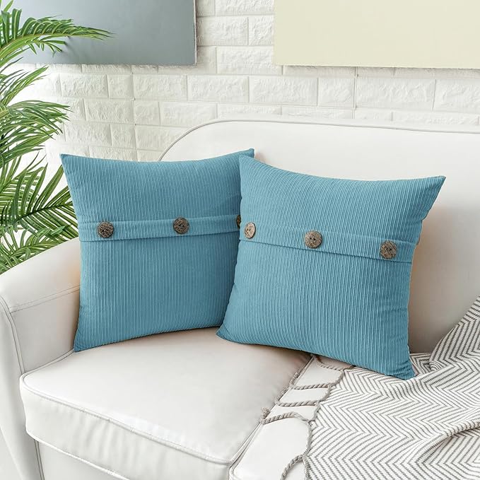 HWY 50 Smoke Blue Chenille Throw Pillow Covers 22x22 Inch with Triple Buttons, Soft Farmhouse Accent Decorative Cushion Cases for Couch Sofa Bed Living Room Pack of 2