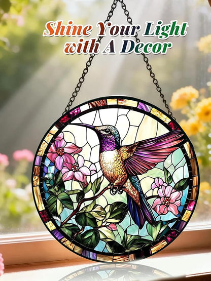 Stained Glass Window Hanging, Hummingbird Suncatcher for Door Home Decor, Birds Flowers Sun Catcher Ornament Mother's Day Birthday Gifts for Bird Lovers Women Men Mom 6.3 in