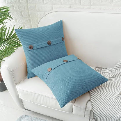 HWY 50 Smoke Blue Chenille Throw Pillow Covers 18x18 Inch with Triple Buttons, Soft Farmhouse Accent Decorative Cushion Cases for Couch Sofa Bed Living Room Bedroom Pack of 2