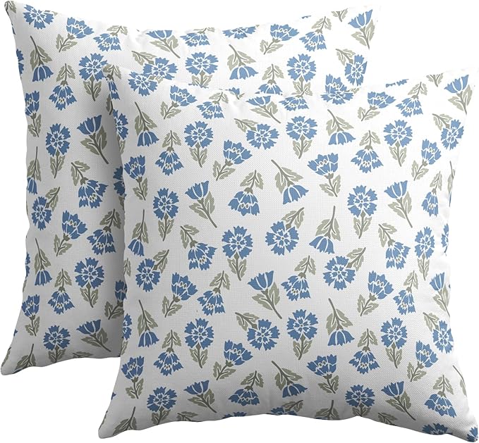 Blue Green Block Print Pillow Covers 20x20 Set of 2 Floral Spring Summer Flower Pattern Decorative Neutral Outdoor Throw Pillowcases Boho Cushion Cover Rustic Decoration Farmhouse Sofa Couch Bed Decor