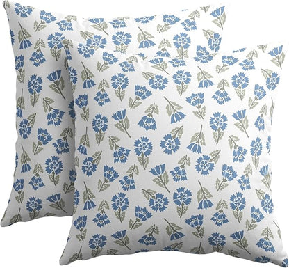 Blue Green Block Print Pillow Covers 20x20 Set of 2 Floral Spring Summer Flower Pattern Decorative Neutral Outdoor Throw Pillowcases Boho Cushion Cover Rustic Decoration Farmhouse Sofa Couch Bed Decor